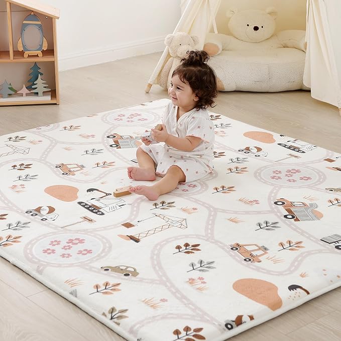 1.3" Thick Educational Baby Floor Play Mat 59x 71, Basic Padded Memory Foam Mat, Non-Slip Plush Playmat for Nursery Playroom Classroom (Car)