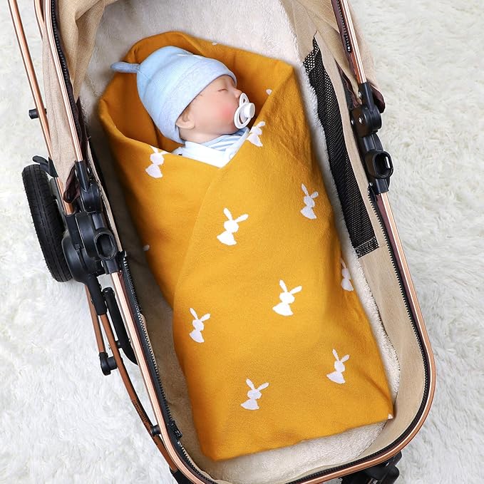 LAWKUL Baby Wrap Blanket Soft 100% Cotton Baby Blanket Knit Crib Receiving Blanket with Bunny Pattern Swaddle Cute Blanket for Babies Boy and Girl in Easter Size 40 * 30 Inches
