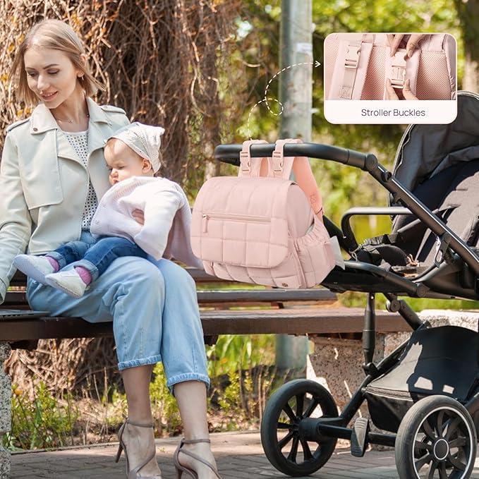 Telena Diaper Bag Mini Diaper Backpack with Changing Pad, Puffer Baby Travel Bag with Insulated Pockets, Stroller Straps, Pink