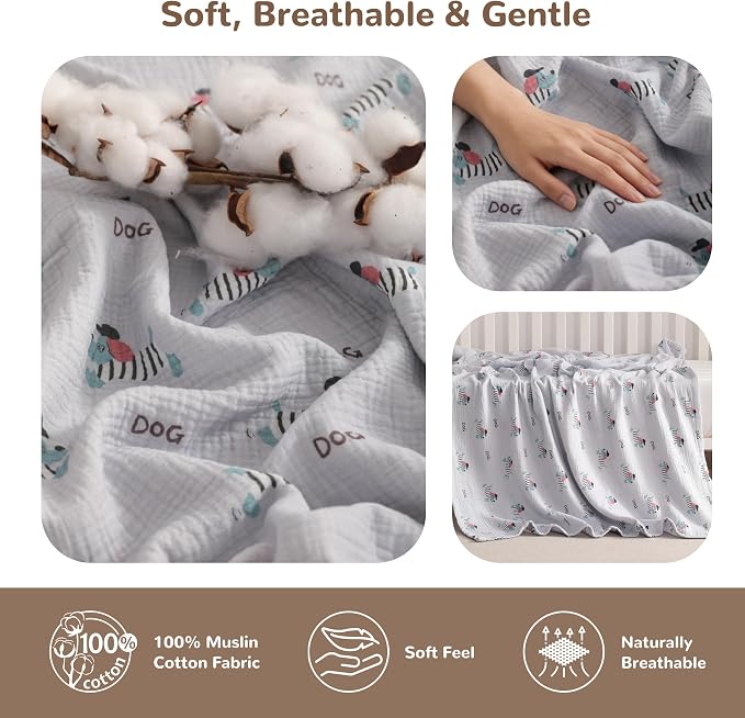 NTBAY Muslin Toddler Blanket, 4-Layer, 30x40 Soft and Breathable Receiving Blanket for Newborns and Infants, Crib Stroller Travel Use, Striped Dog