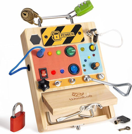 Woodtoe Montessori Toys for Toddler 3 4 5 Year Old, 3-in-1 Busy Board with LED Light Switch, Screwdriver Board Set, Lock and Key Toy, Educational Sensory Toys, Fine Motor Skill Birthday Toys for Kids