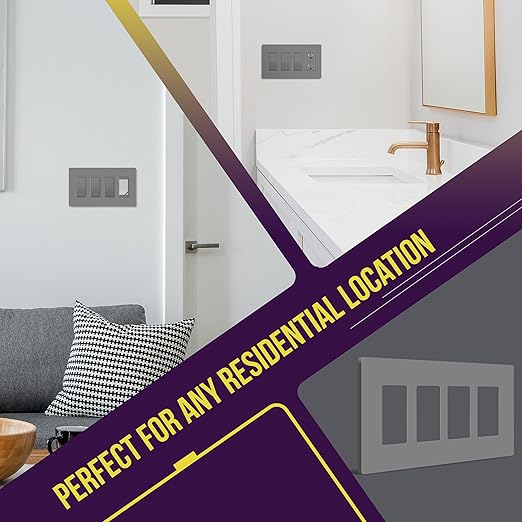 ENERLITES Screwless Decorator Wall Plates Child Safe Outlet Covers, Gloss Finish, Medium Size 4-Gang 4.88" H x 8.58??L, Unbreakable Polycarbonate Thermoplastic, SI8834M-GY, Gray