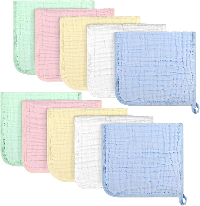 AIDEA Burp Cloths and Washcloths for Baby, Absorbent Cotton Muslin Baby Towels, Large Soft Breathable Newborn Essentials for Boys and Girls, Newborn Essentials, 10 Pack, 20"x10"