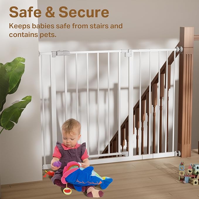 InnoTruth 29.5??0.75" Baby Gate for Stairs, 30" Tall Dog Gates for Doorways & Hallways, Safety Gate for Kids & Pets, Pressure-Mounted Walk-Through with Dual Lock & 2-Way Swing, White