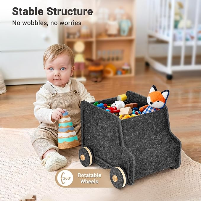Toy Storage Box with Wheels, Soft Felt Toy Organizers and Storage for Kids, 17" x 12" x 12", 10 Gal, Multifunction Toy Chest for Living Room, Playroom, Nursery - Dark Gray
