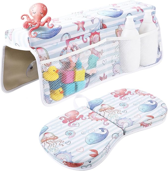 Bath Kneeler and Elbow Rest Pad Set, Jellyfish Design 1.5" Thick Comfortable Kneeling Cushion with Organizer Pockets - Quick Drying, Foldable, Non-Slip for Bathing Time(Jellyfish)