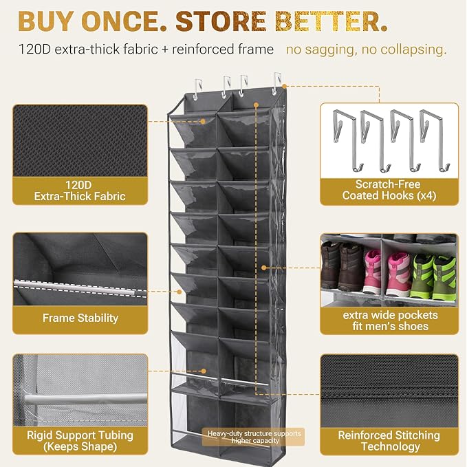 HOMELUX THEORY 10 Tier Hanging Shoe Organizer – Shoe Rack for Closet with Deep Pockets, Shoe Rack for Entryway, Over the Door Shoe Organizer for Closet for Boots & Sneakers (Dark Gray)