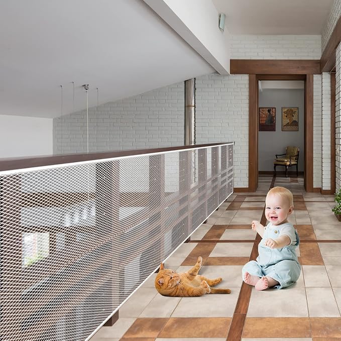 Baby Gate for Stairs, Banister Guard for Kids, Pets, Toys, 32.8ft L x 2.66 ft H, Mesh Netting Safety Net for Balcony Rail Stair, Stairway Net Baby Safety Products for Indoor & Outdoor (White)