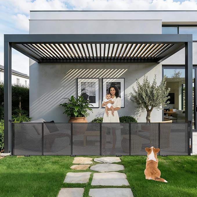 Reinforced 157" Wide Retractable Gate with Reinforced Strips, Indoor/Outdoor Retractable Dog Gate for Doorway Prevent Bottom Drilling Through, Safety Mesh Gate, Black