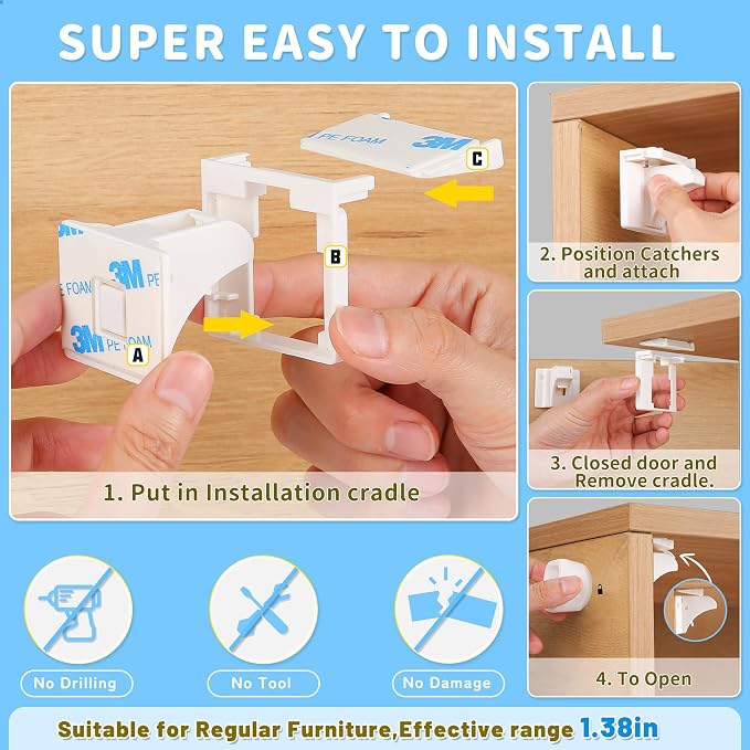 Baby Proofing Magnetic Cabinet Locks Kit (44 Pack) + 12 Magnetic Cabinet Locks & 3 Keys