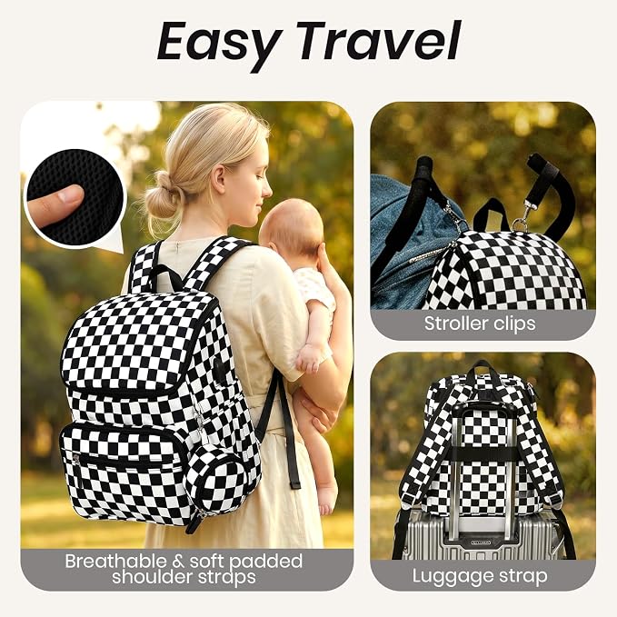 FHELAD Checkered Diaper Bag Backpack with Changing Pad & Stroller Clips, Large Travel Baby Diaper Bag for Newborn Moms, Baby Shower Gifts (Obsidian Black)