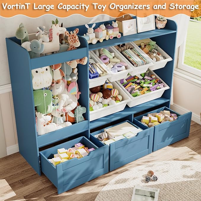 50.6" W Large Toy Storage, Kids Toy Organizer Shelf with Stuffed Animal Zoo, 6 Plastic Bins, 3 Rolling Boxes, Wooden Toddler Toy Bookshelf Organization Shelves for Kids Room, Bedroom (Blue)