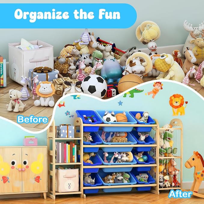 Kids Toy Storage Organizer, Toy Organizers and Storage with Stuffed Animal Storage, Toy Storage Shelf with 3 Shelves, 12 Storage Bins, Kids Bookshelf, Toy Holder for Playrooms, Bedrooms, Blue