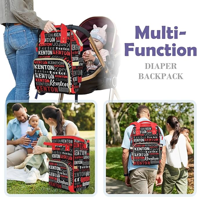 Custom Name Diaper Bag Mommy Bag with Multi-function Shoulders Outdoor Backpack for Newborn Baby Boy, Red Customized Nappy Backpack with Thermal Pockets Nursing Bags