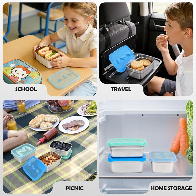 Tanjiae 3-Pack Stainless Steel Snack Containers - 550ml (18oz) Leakproof Colorful Lids with Cute Dinosaurs | LFGB Certified, Stackable Metal Lunch Box for Home, Picnic, Travel