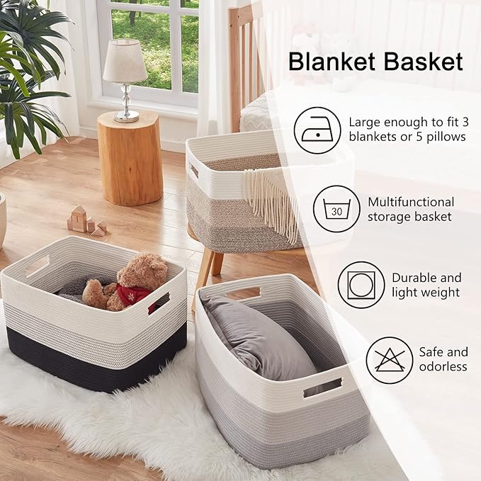 OIAHOMY Large Blanket Basket, 22?�x17?�x12??Rectangle Woven Baskets, Nursery Blanket Storage Living Room, Toy Storage With Handle, Large Baskets for Organizing-Gradient Grey
