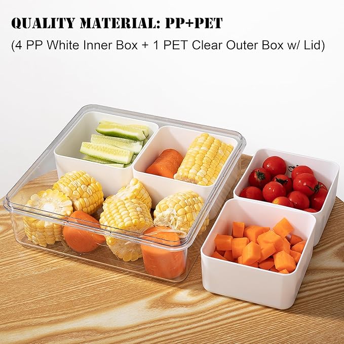 2pack Divided Serving Tray with Lid, 4 Compartment Removable Snack Boxes Fruit Food Storage Containers, Snackle Vegetable Veggie Box Plastic Organizer for Fridge (8.7x8.7x3.0, Clear and White)