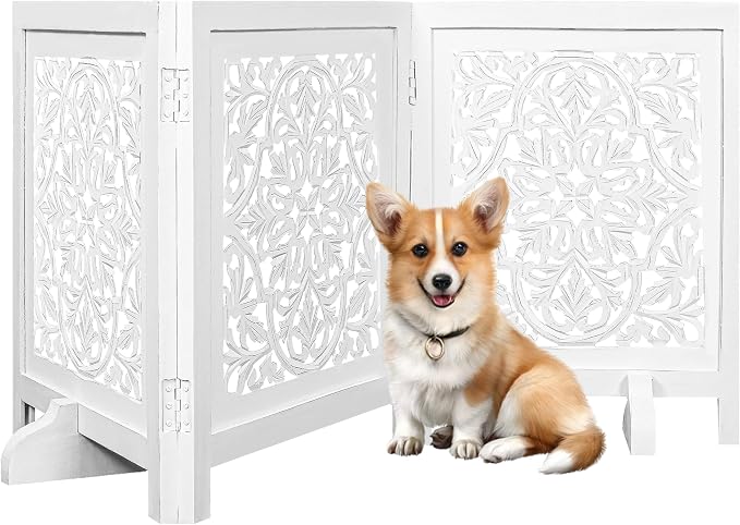 Decorative Wooden Dog Gate, Free Standing Folding Pet Fence 3 Panel, 60x24 Inch Dog Barrier for Doorway or Hallway, Daisy Design, Antique White Finish