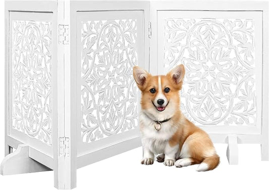 Decorative Wooden Dog Gate, Free Standing Folding Pet Fence 3 Panel, 60x24 Inch Dog Barrier for Doorway or Hallway, Daisy Design, Antique White Finish