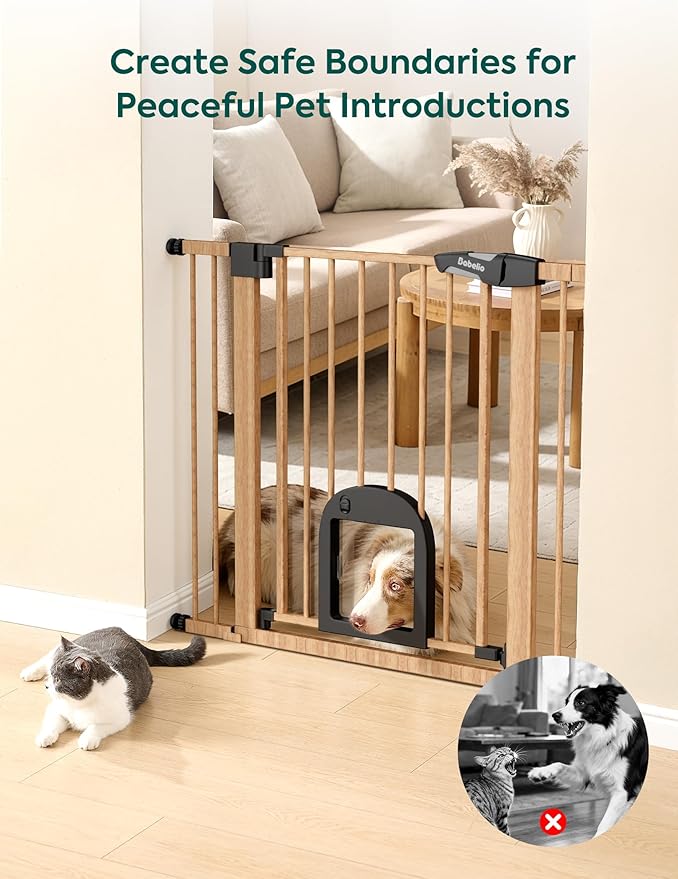 Babelio CatPrivilege ??Baby Gate with Cat Door, 29"-43" Adjustable Brown Wood Pattern Pet Door, 30" Tall Pressure Mounted Safety Gate for Stairs & Doorways, Auto Close,Wall Protectors Included