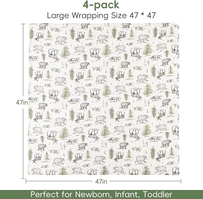 david's kids Muslin Swaddle Blankets, 4 Pack Organic Cotton Baby Blankets, Breathable Soft Receiving Blanket for Boys Girls, Newborn Essentials, Large 47 x 47 inches, Animal & Forest