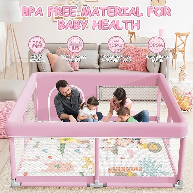 XVISHX Baby Playpen with Mat, 50 x 50 Inch Playpen for Babies and Toddlers, Baby Playard for Indoor & Outdoor Active Center Game Fence, with Skin-Friendly Fabric and Soft Breathable Mesh, Pink