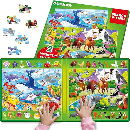 QUOKKA Magnetic Puzzles for Toddlers 3-5 – Search & Find 2 Pack, 60 Pieces Each – Travel Friendly Board with Hidden Objects, Ocean and Forest Scenes – Educational Puzzle Gift for 3 Year Olds