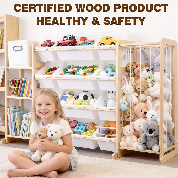 Kids Toy Storage Organizer with Bookshelf & Stuffed Animal Storage,12 Toy Bins +1 Free Storage Box,Playroom Nursery Organization Plush Toy Storage