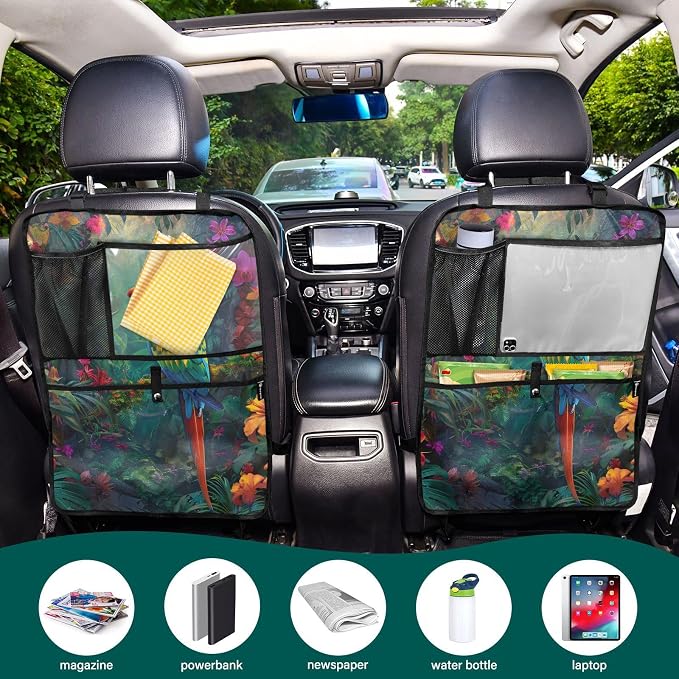 JIPONI Car Backseat Organizer, Parrot Macaw Tropical Automotive Back Seat Protector, Kick Mats with Storage Pockets for Kids Pets, Road Trip Accessories (2 Pack)