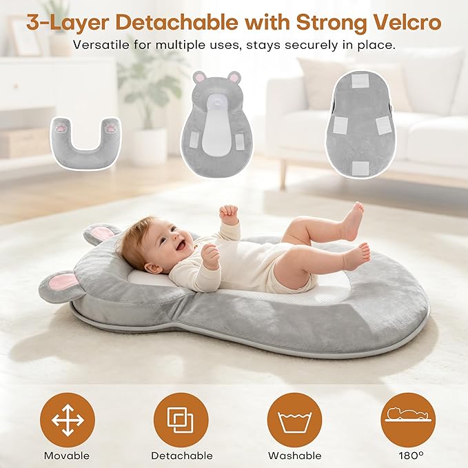 WARMHONIU Baby Feeding Pillow, Anti-Reflux Breastfeeding Infant Lounger & Tummy Time Pillow for Reducing Spit-Up, 25.2" L x 17.7" W, Detachable Cover with Handle & Storage Bag