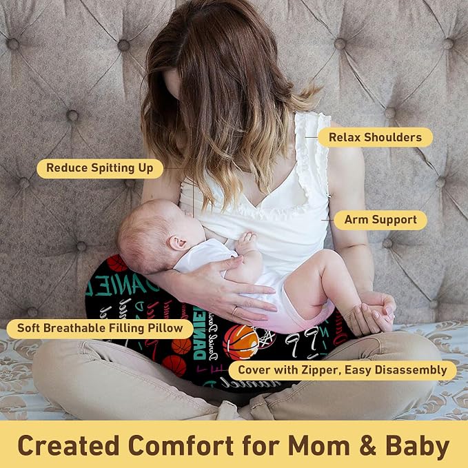 Baby Nursing Pillow Cover - Personalized Name Basketball Theme Breastfeeding U-Shaped for Bottle Feeding, Ultra Soft Comfortable Breastfeeding Pillow Cover for Infant Baby Boys and Girls