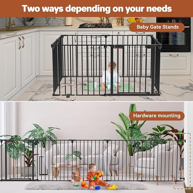 Kfvigoho Baby Gate 27.5"-199" Extra-Wide Playpen with Stands, Play Yard Child Safety Fence, Dog Gate with Auto-Close Door, Double Locking System for Fireplace, Foldable 8 Panels, Black 29" Height