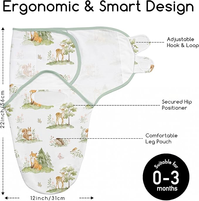Baby Swaddles for Newborn Organic Cotton, Soft & Snug Velcro Swaddle 0-3 Months Sleep Sack Helps Calm Startle Reflex, 2-Pack Wrap Nursery Swaddling Green Jungle Animals