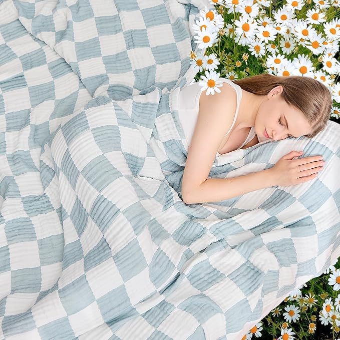 EMME Cooling Muslin Twin XL Blanket - Checkered Lightweight Summer Cotton Blankets of Rayon Derived from Bamboo for Hot Sleepers, Ultra Soft Breathable All Season Gauze