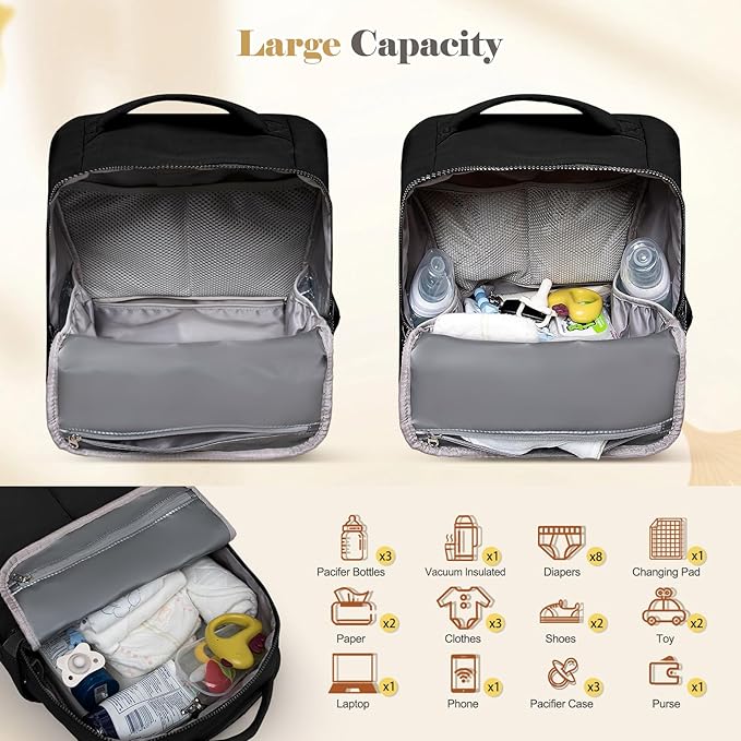Diaper Bag Backpack,Baby Bag Backpack with Changing Station,Waterproof Large Diaper Bag for Baby Boy Girls,Pañaleras Para bebe with 15 Pocket,2 Insulated Pockets,Black