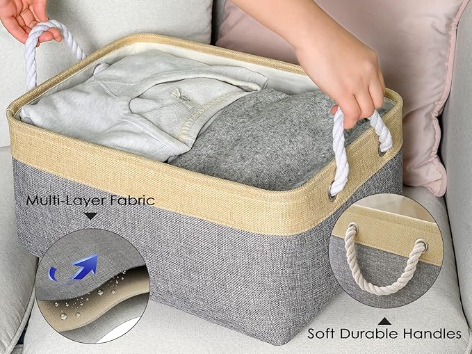 TheWarmHome Decorative Basket Rectangular Fabric Storage Bin Organizer Basket with Handles for Clothes Storage (Gold&Grey, Medium-1Pack,13.8L*9.8W*6.7H)
