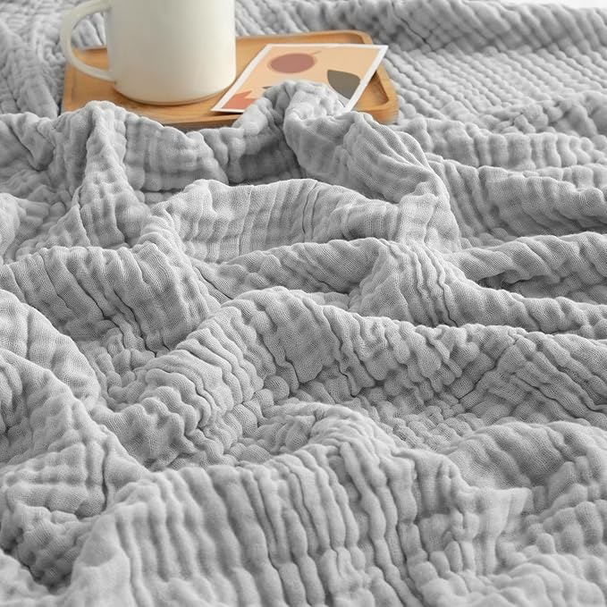 EMME Cotton Muslin Large Throw Blanket Couch 4-Layer Breathable Gauze Soft Lightweight Bed Blankets(Light Grey, 50"x71")