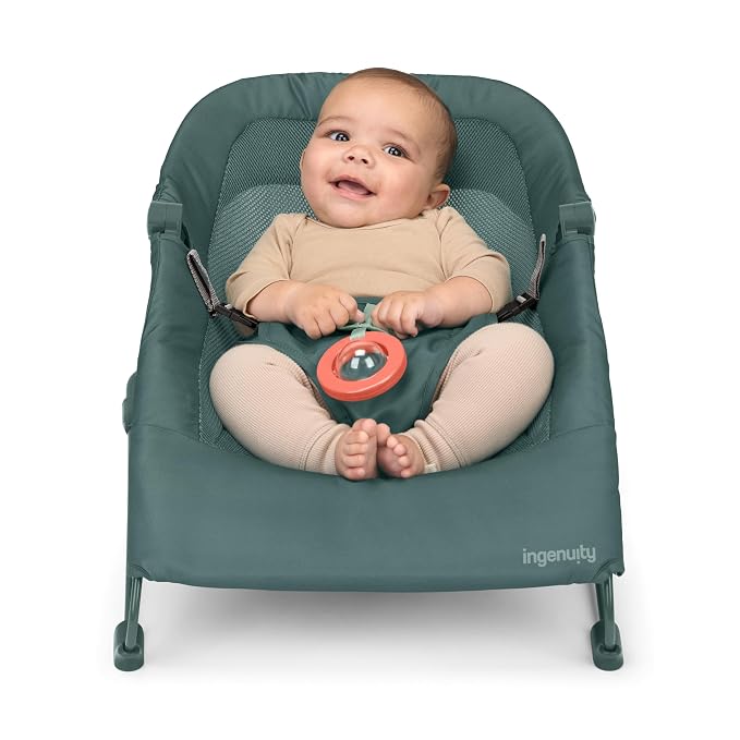 Ingenuity Stow & Go Compact Folding Baby Bouncer, Lightweight Portable Seat with Vibration, Green, Under 5 lbs