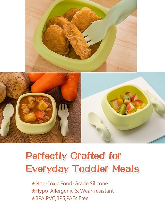 Toddler Utensils Set Ergonomic Fork and Spoon and Bowl Set Non-Slip Design for baby 1-4 Year Olds Self-Feeding BPA Free Silicone Microwave and Dishwasher Safe Fine Motor Skills (Purple)