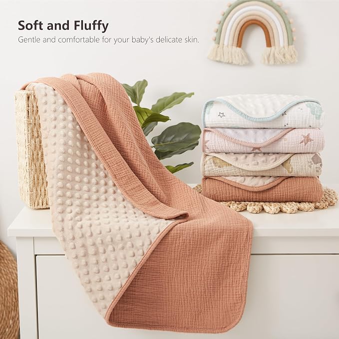 Susurration Baby Blanket for Unisex Boys Girls, 2 Pack Soft Fluffy Crib Blankets with Muslin Cotton Front and Dotted Fleece Back, Receiving Blanket for Baby Newborn Infant, 30x40in, Beige Sun&Brown