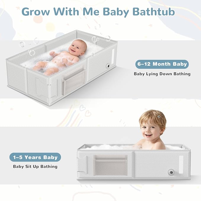 Collapsible Baby Bathtub, Foldable Toddler Bath Tub with Chick Pattern Bath Rinse Cup, No Assembly Portable Travel Bathtub for 6M-5Y, Ideal for Shower, Travel Essentials & Baby Registry Gift