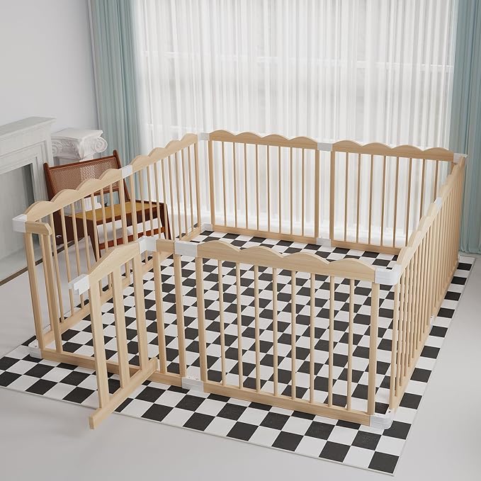 Baby Playpen, Wooden Playpen for Babies and Toddlers, Large Adjustable Wooden Baby Playard with Locking Gate, Easy to Assemble, Portable Play Pen, Infant Play Pen Play Area(62x70x24 Inch)