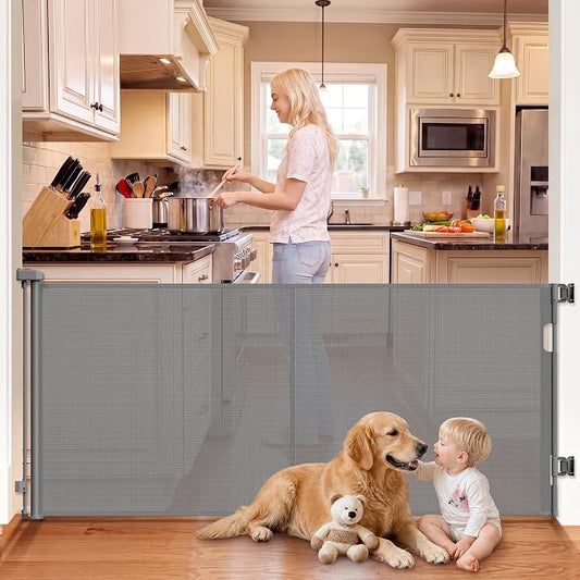 Reinforced Retractable Pet Gate 70” Wide Retractable Baby Gate | with Support Rods to Prevent Bottom Escape, 33” Tall Child Safety Gates for Stairs, Doorways, Hallways, Decks, Indoor/Outdoor