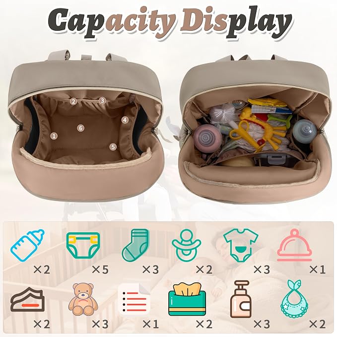 Diaper Bag Backpack, 27L Large Quilted Small Baby Bag with Changing Pad & Pacifier Case, Stroller Hooks, Easy-Access Baby Essential, Maternity Travel Backpack Unisex, Brown