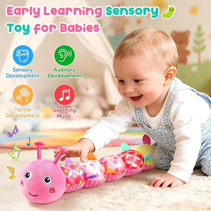 Baby Sensory Toys 0-6 6-12 Months, Stuffed Musical Caterpillar Animal Toys for Babies 3-6 Months with Rattles Crinkle Squeaker, Infant Tummy Time Toys for Newborn Baby Boy Girl Gifts, Pink