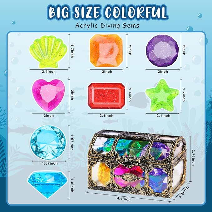 DISHIO Diving Gem Pool Toys 16PCS Large Swimming Pool Toy Set with Pirate Treasure Box Chest for Kids Toddlers Underwater Sinking Dive Gems Colorful Diamond Diving Toys for Swimming Training