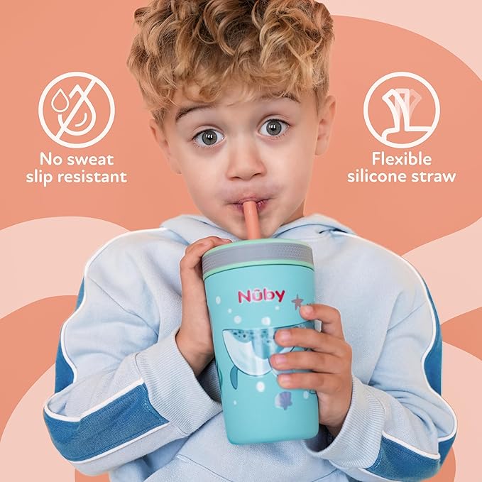 Nuby Thirsty Kids Insulated Toddler Cup with Silicone Flexstraw - 12 oz - Stainless Steel and Leak-Resistant - 18+ Months - Dogs