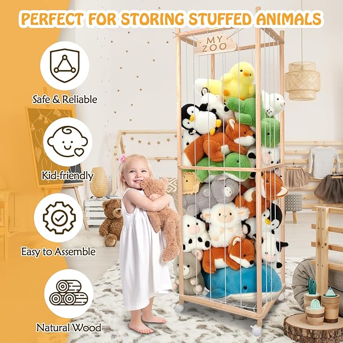Stuffed Animal Storage Zoo with Wheels, 64" Wooden Large Stuff Animals Plushies Holder Toy Organizer Kids Plush Storage Cage with Elastic Band and Net for Nursery Playroom Corner for Toddler