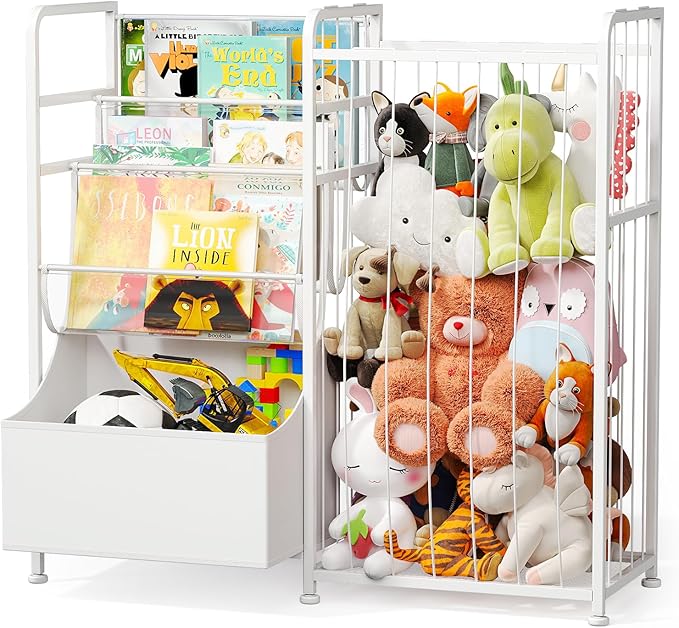 BBLIKE Kids Bookshelf and Stuffed Animal Storage - Multi-Function Nursery Book Shelves with Leather Toy Box and PVC Book Display, Toy Organizer for Playroom, Bedroom, Nursery, White