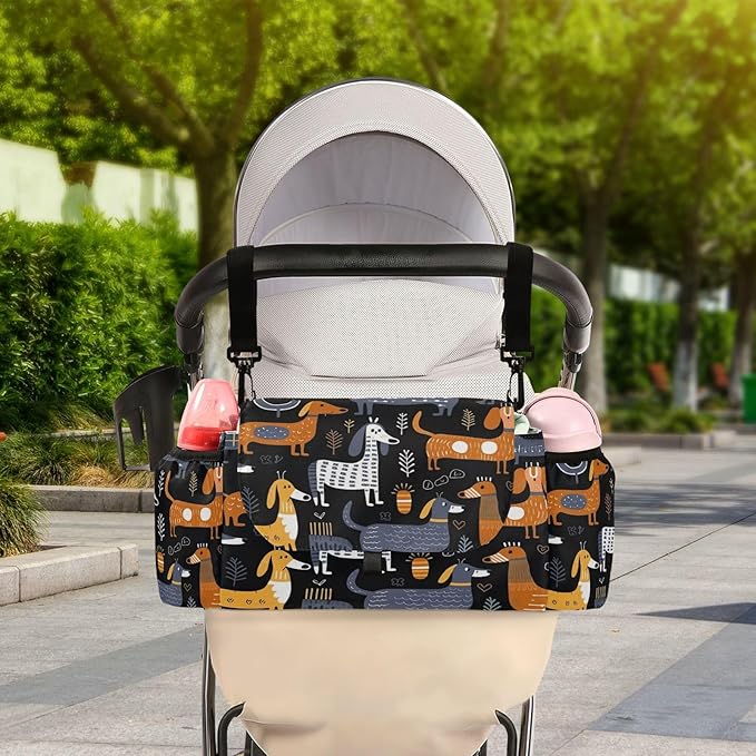 Dachshund Dogs Baby Stroller Organizer with 2 Cup Holders Universal Adjustable Shoulder Strap Detachable Stroller Caddy Accessories Bag for Bottle,Diaper,Phone, Keys,Toys